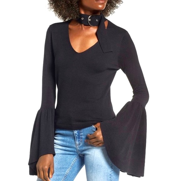 Leith Sweaters - Leith Black Buckled Choker Bell Sleeve Sweater XS